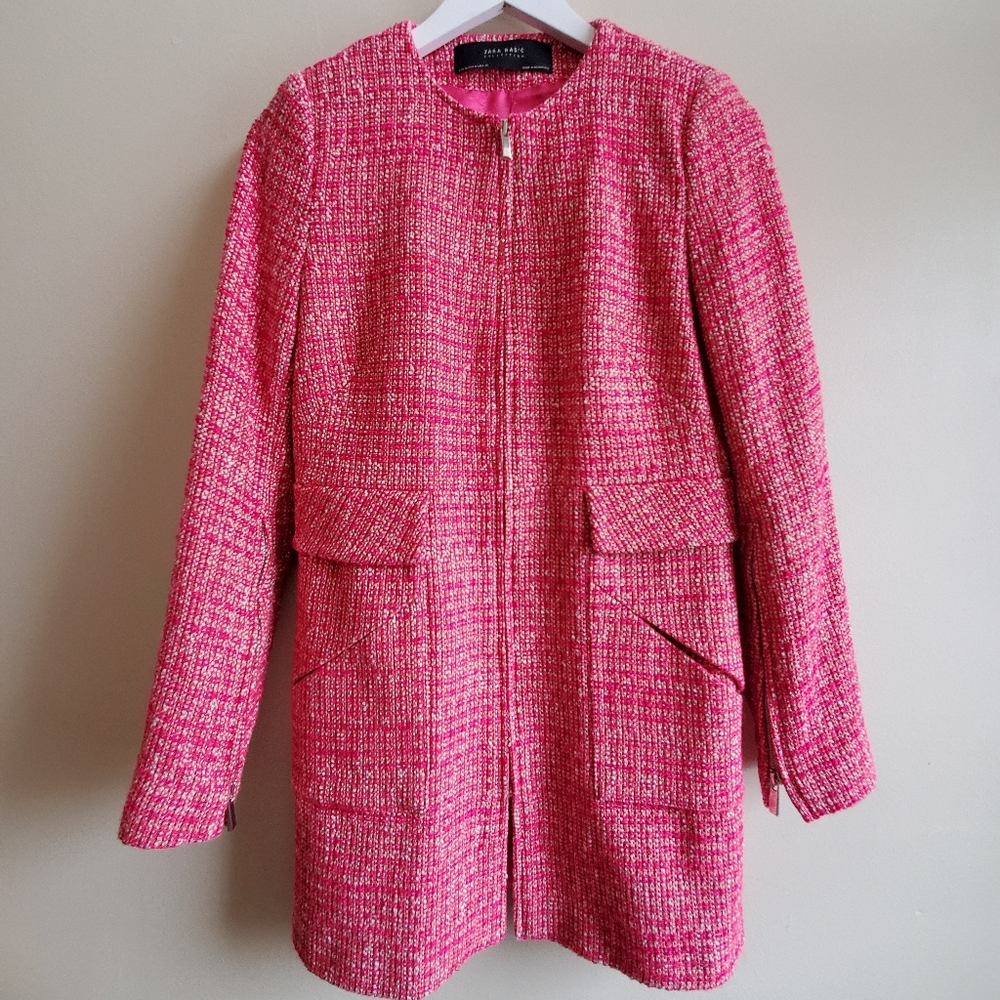 Pink Zara structured 82% Cotton, great quality coat, pink colour tweed, M